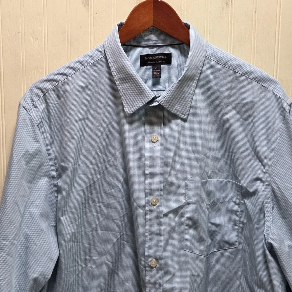 Banana Republic Dress Shirt Mens XL 17-17.5 Blue Check Non Iron Classic Fit